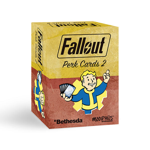 Fallout RPG: Perk Cards 2 (PREORDER) - Yellow and brown Fallout Perk Cards 2 box featuring Vault Boy holding cards, logos for Bethesda and Modiphius.