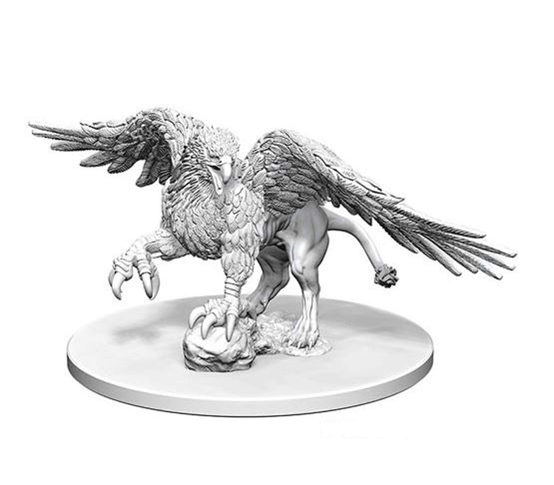 D&D Nolzur's Marvelous Minis: Griffon - Unpainted detailed resin miniature of a griffon with wings spread, standing on a rock base.