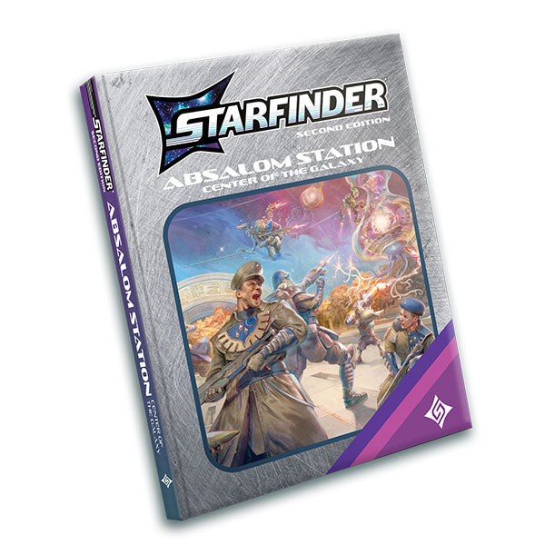 Starfinder 2E: Absalom Station - Center of the Galaxy, Retailer Edition (PREORDER) - Softcover RPG book with sci-fi cover art showing futuristic soldiers and a space station, titled Starfinder Absalom Station.