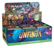 Magic: the Gathering - Unfinity - Draft Booster Box - The Gathering Unfinity Draft Booster Box with colorful fantasy artwork and vibrant logo on blue background.