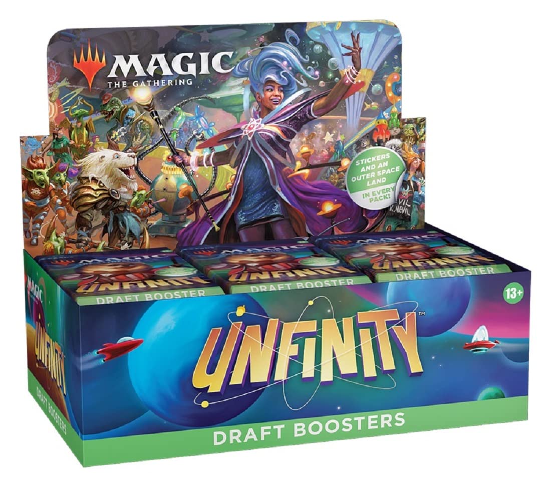 Magic: the Gathering - Unfinity - Draft Booster Box - The Gathering Unfinity Draft Booster Box with colorful fantasy artwork and vibrant logo on blue background.