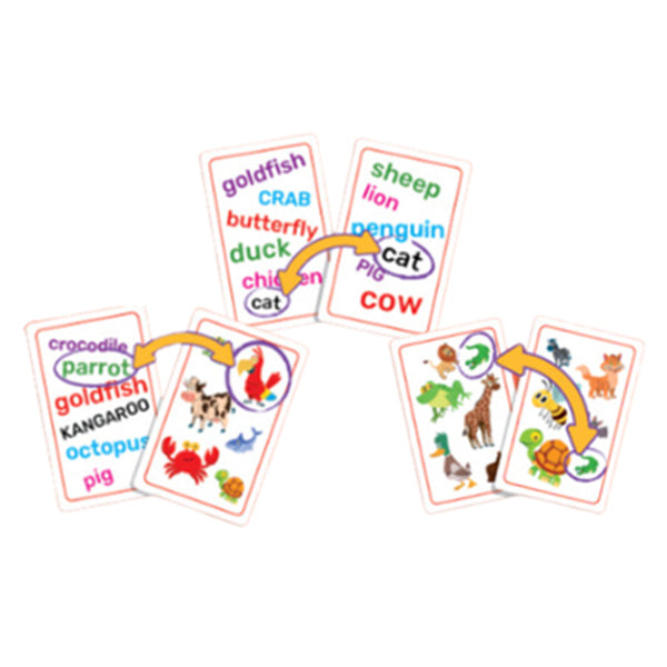 Super Genius: Animals - Colorful educational game cards featuring animal names, pictures, and matching arrows for learning and family play.