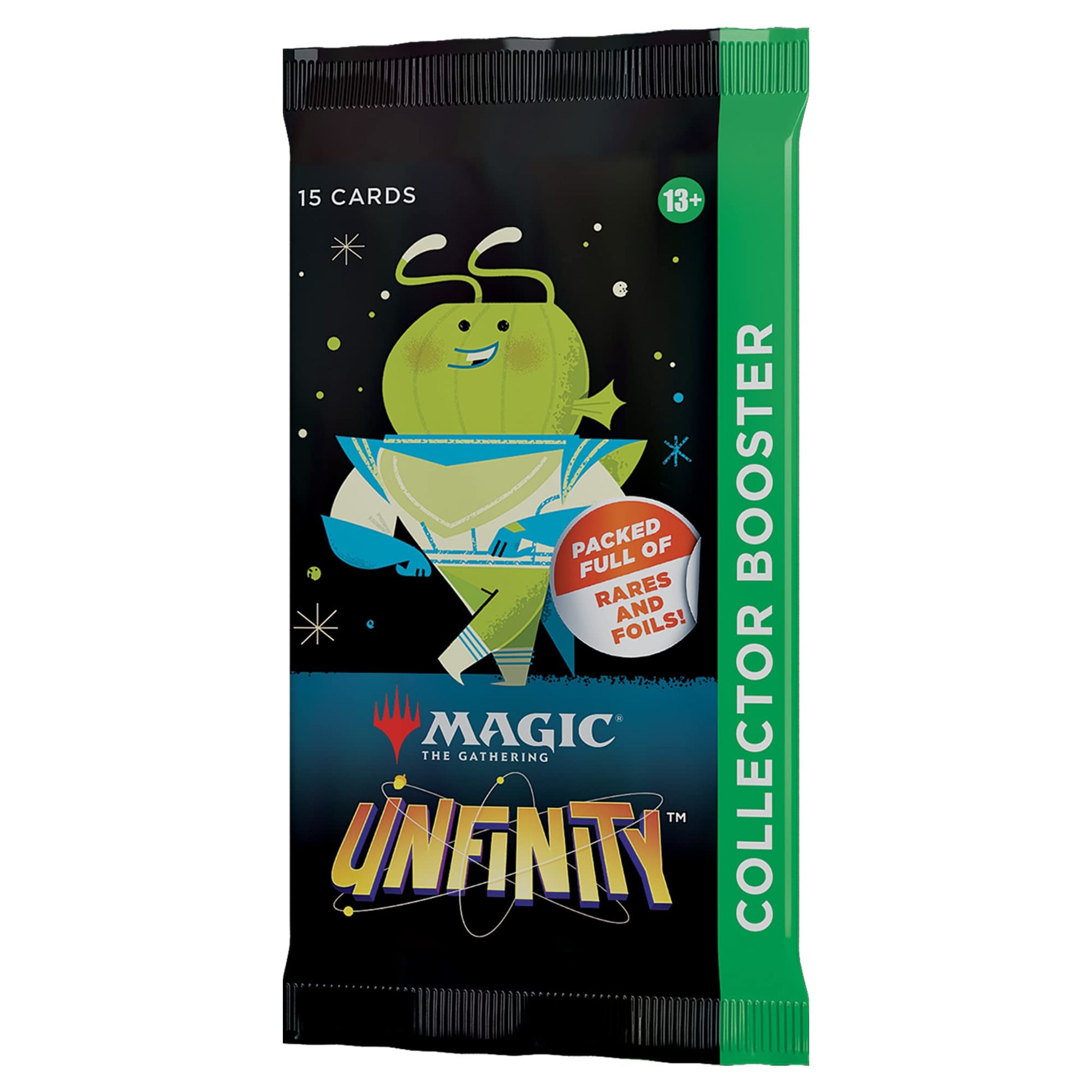 Magic: the Gathering - Unifinity Collector Booster Pack - The Gathering Unfinity collector booster pack with green alien character, black background, and green side stripe.