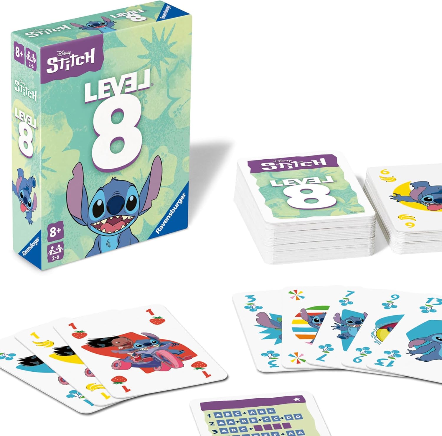 Level 8: Stitch Edition - Level 8 card game box featuring Stitch character with colorful playing cards spread out displaying numbers and Stitch.
