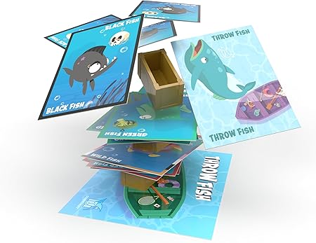 Throw Fish - Colorful game cards with cartoon fish illustrations surround a small rectangular wooden box on a white background.