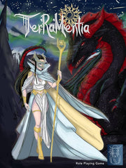 Ter'Ra'Mentia RPG - Fantasy RPG book cover featuring a white-robed, armored elven woman with a glowing staff facing a large red and black dragon