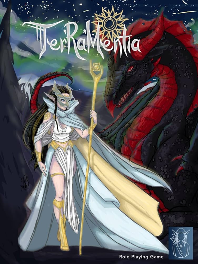 Ter'Ra'Mentia RPG - Fantasy RPG book cover featuring a white-robed, armored elven woman with a glowing staff facing a large red and black dragon