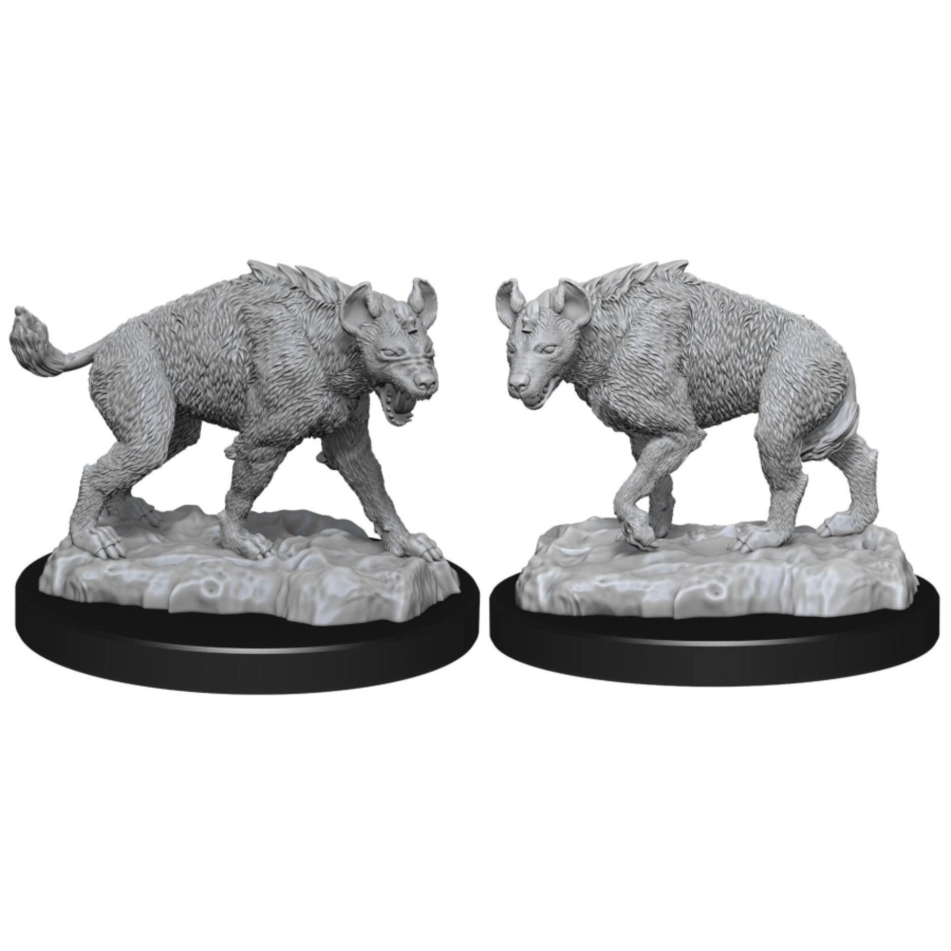 WizKids Deep Cuts Miniatures: Hyenas - Two gray unpainted hyena miniatures with detailed fur texture on round black bases.