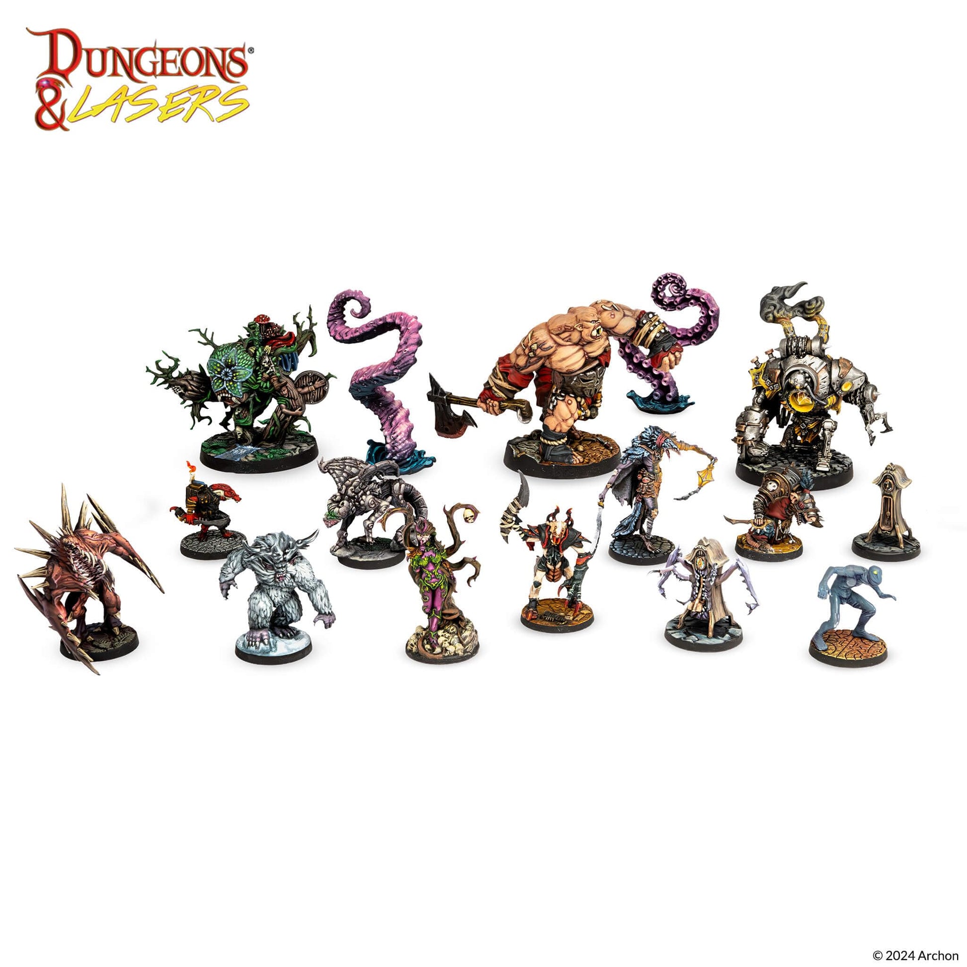 Dungeons & Lasers: Deceptive Encounters (Unpainted) - Set of unpainted fantasy miniatures featuring various creatures and characters with detailed sculpting on round bases.