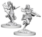 D&D Nolzur's Marvelous Miniatures: Air Genasi Female Rogue - Gray plastic miniature of a female rogue in dynamic running pose with flowing hair and detailed armor on round base.