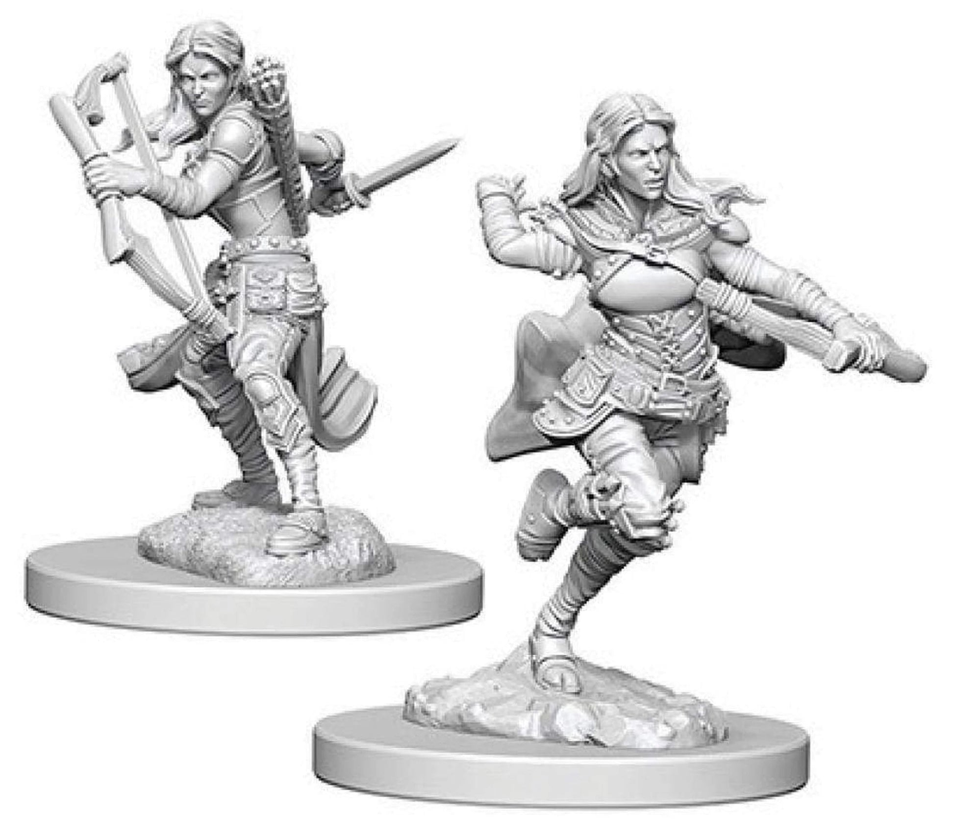 D&D Nolzur's Marvelous Miniatures: Air Genasi Female Rogue - Gray plastic miniature of a female rogue in dynamic running pose with flowing hair and detailed armor on round base.