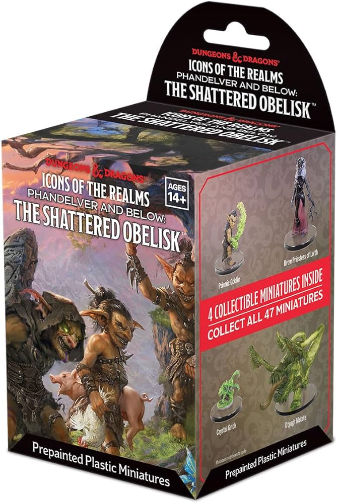 D&D Icons of the Realms: Phandelver and Below: The Shattered Obelisk Booster - Dungeons & Dragons Phandelver and Below Shattered Obelisk booster pack box with fantasy miniatures artwork and collectible.