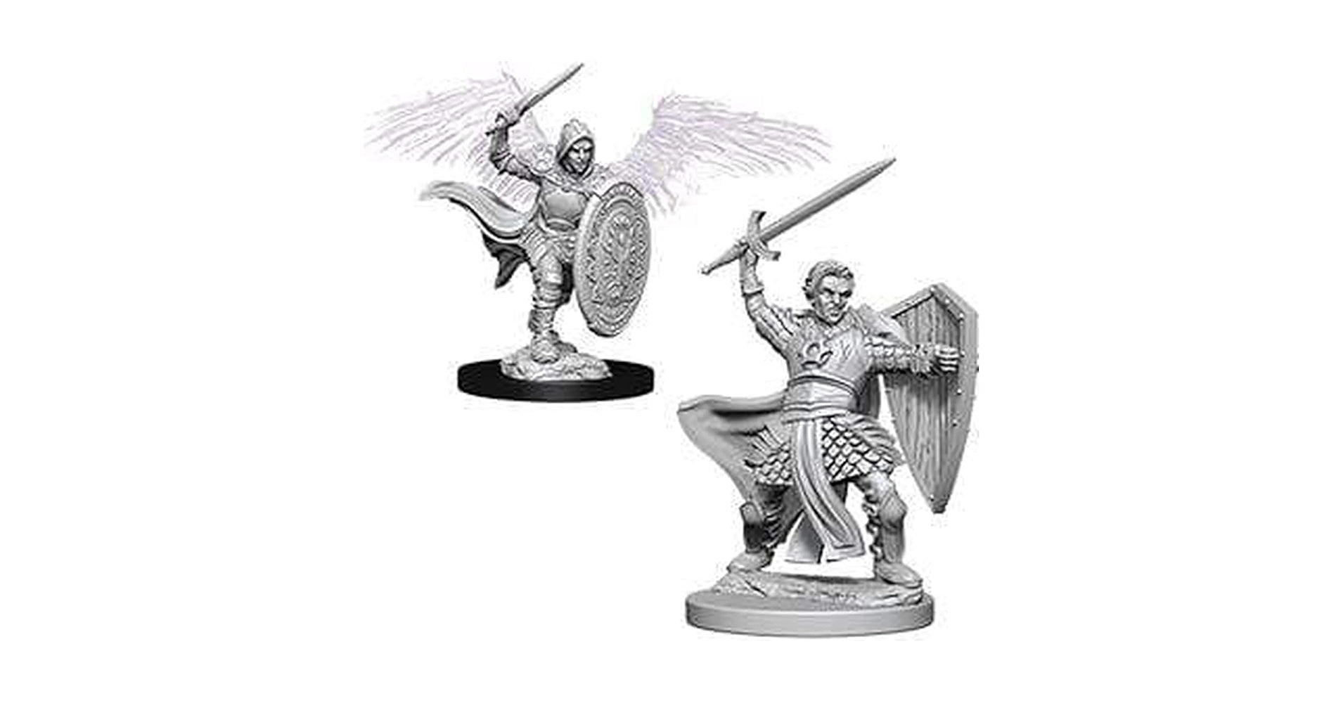 D&D Nolzur's Marvelous Miniatures: Aasimar Male Paladin - Unpainted gray resin miniature of a male Aasimar paladin with wings, wielding a sword and shield in dynamic battle poses.