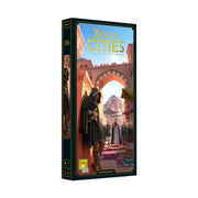 7 Wonders: Cities Expansion - Tall rectangular game box with vibrant artwork of medieval cityscape and cloaked figure in front, titled 7 Wonders Cities.