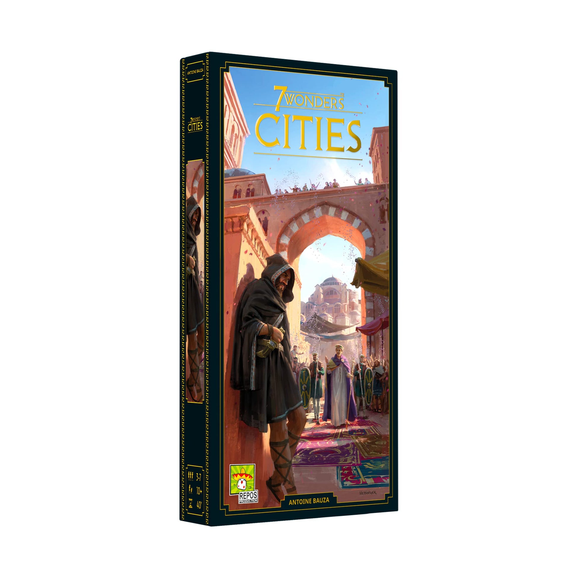 7 Wonders: Cities Expansion - Tall rectangular game box with vibrant artwork of medieval cityscape and cloaked figure in front, titled 7 Wonders Cities.