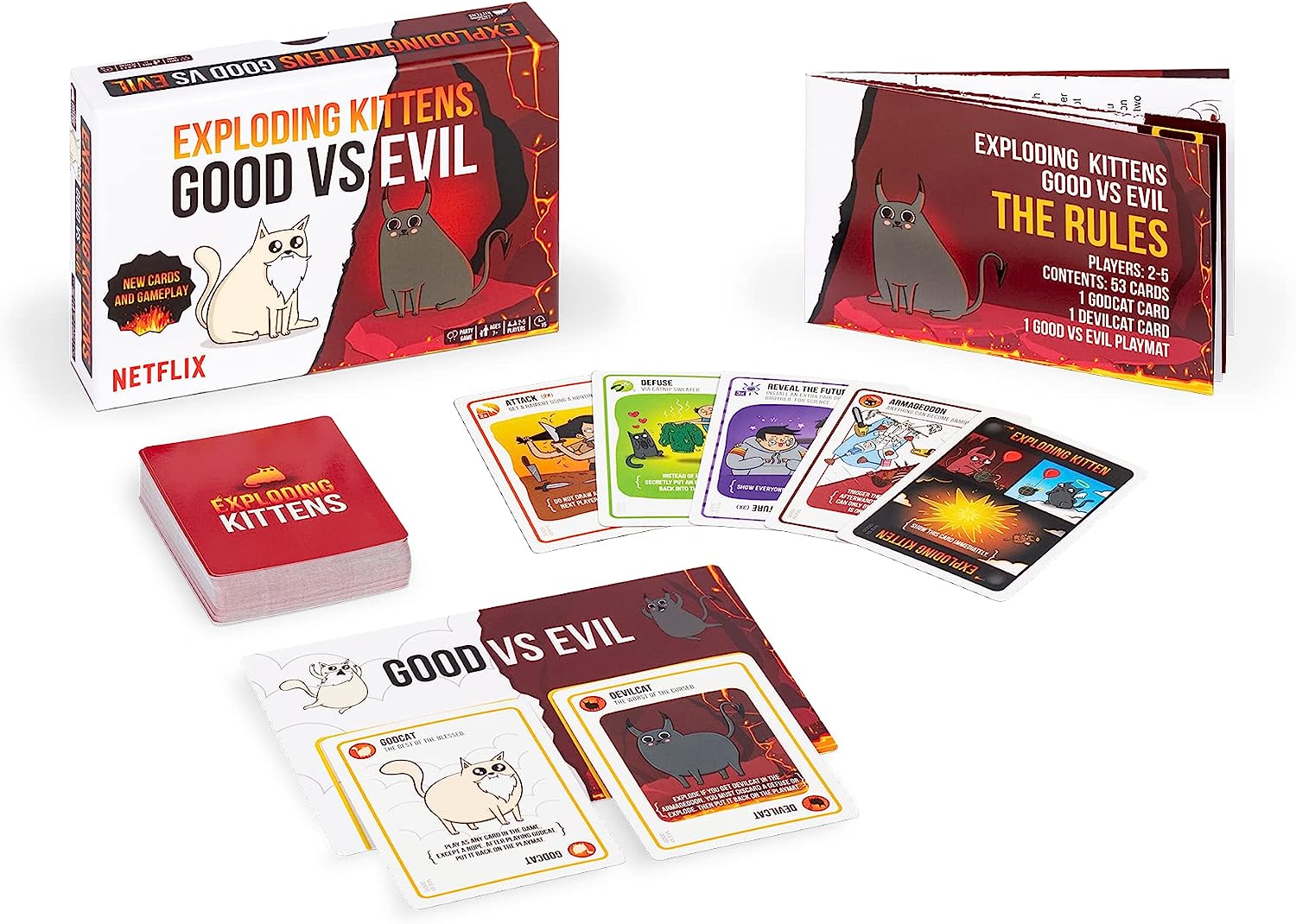 Exploding Kittens Good vs. Evil - Exploding Kittens Good vs Evil card game set with colorful cards, red deck box, and rulebook featuring cartoon kittens on.