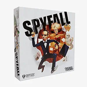 Spyfall - Spyfall party game box with bold black text and illustrated characters in formal and casual attire on white background.
