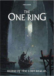 The One Ring: Ruins of the Lost Realms - Dark fantasy book cover showing two cloaked figures with staffs exploring ancient stone ruins under a glowing sky opening.