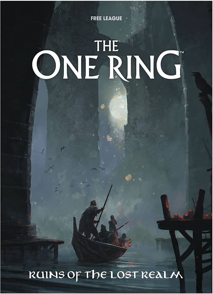 The One Ring: Ruins of the Lost Realms - Dark fantasy book cover showing two cloaked figures with staffs exploring ancient stone ruins under a glowing sky opening.