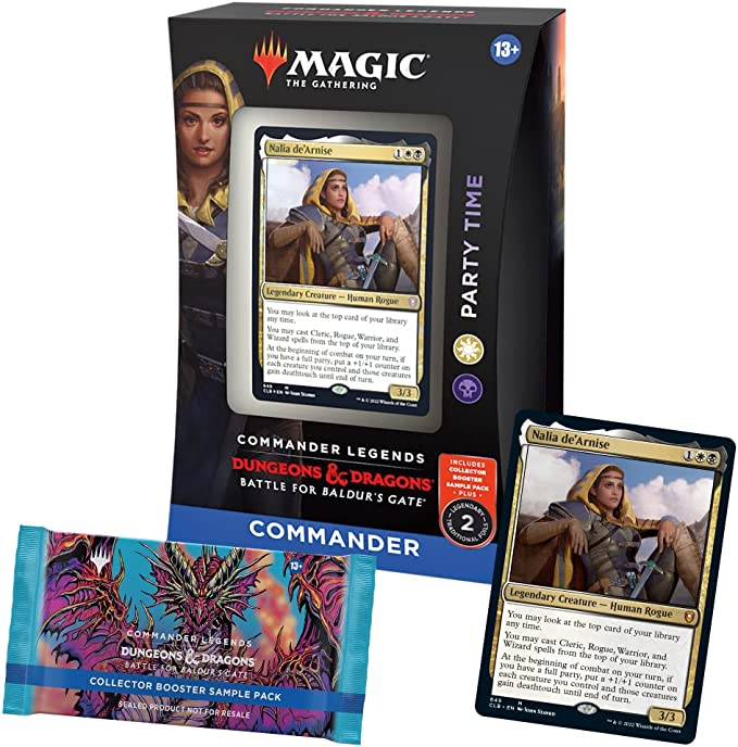Magic: The Gathering - Battle for Baldur's Gate - Commander Deck - Party Time - The Gathering Battle for Baldur's Gate Commander Deck box with Party Time card displayed, featuring fantasy character.