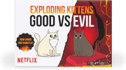 Exploding Kittens Good vs. Evil - Exploding Kittens Good vs Evil card game box with white and red background, featuring cartoon white and dark cats facing.