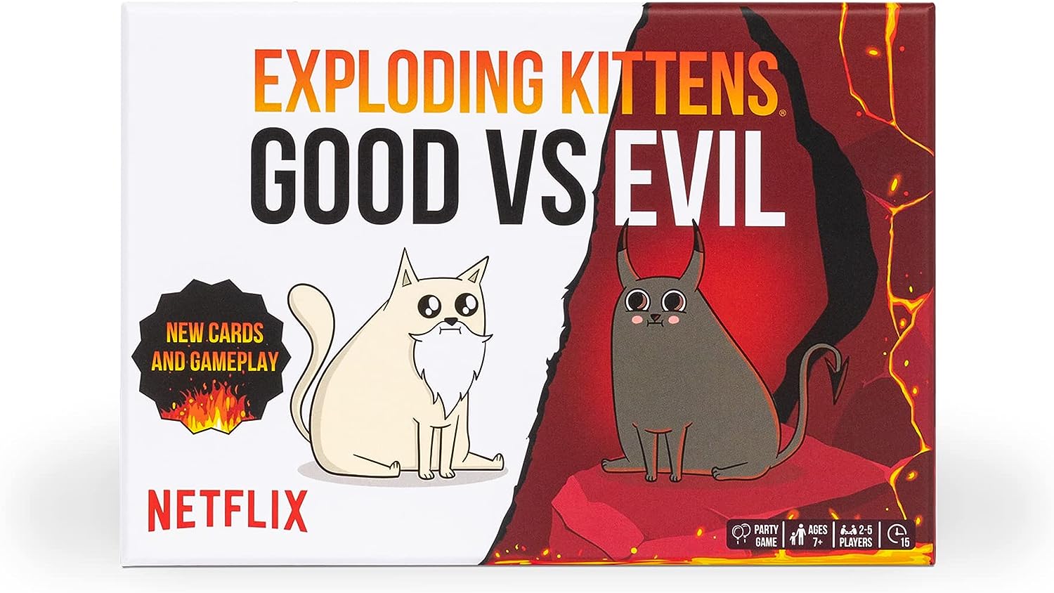 Exploding Kittens Good vs. Evil - Exploding Kittens Good vs Evil card game box with white and red background, featuring cartoon white and dark cats facing.