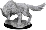 D&D Nolzur's Marvelous Miniatures: Winter Wolf - Unpainted gray resin miniature of a snarling wolf with detailed fur, posed on an oval textured base.