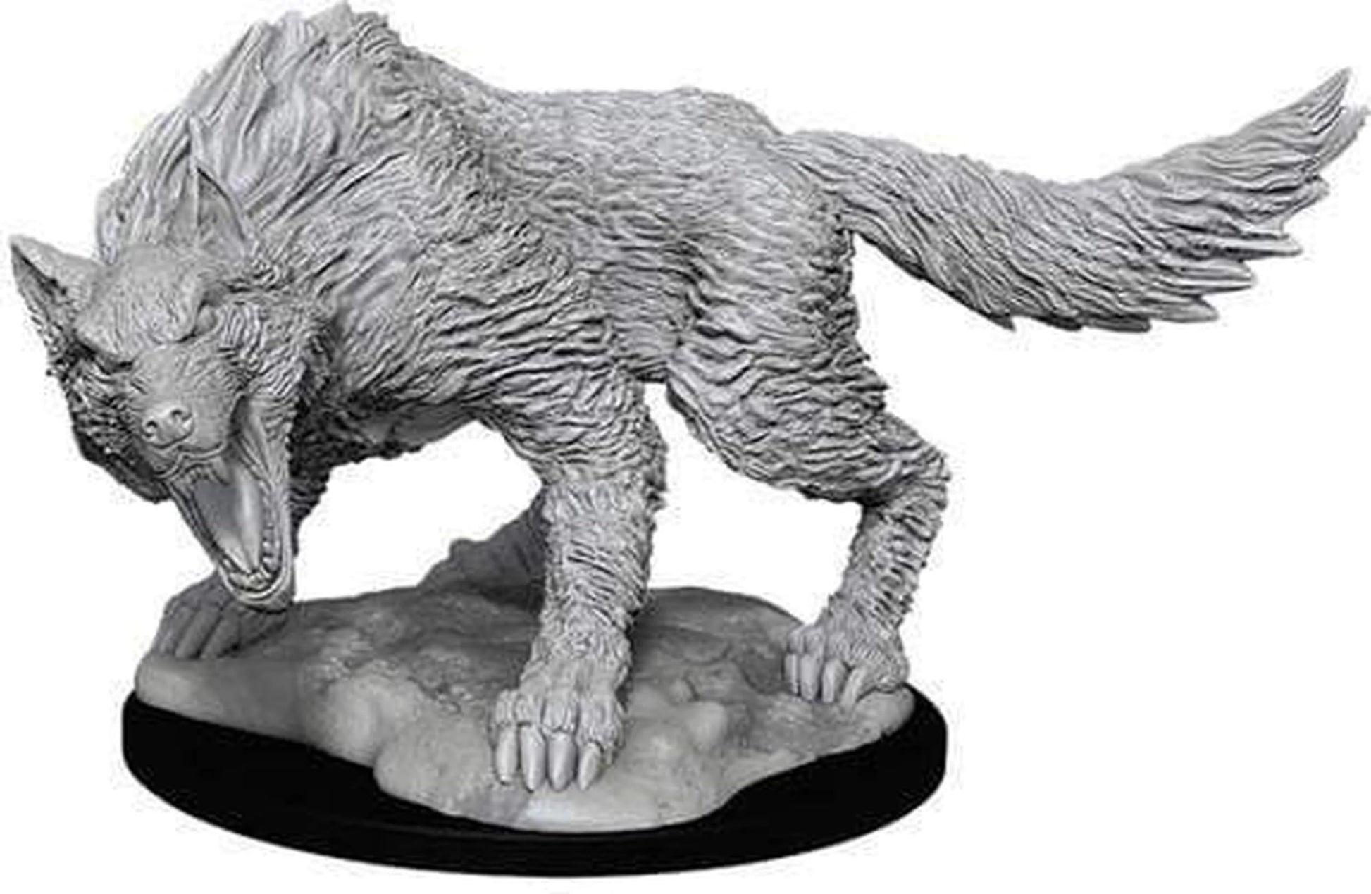 D&D Nolzur's Marvelous Miniatures: Winter Wolf - Unpainted gray resin miniature of a snarling wolf with detailed fur, posed on an oval textured base.