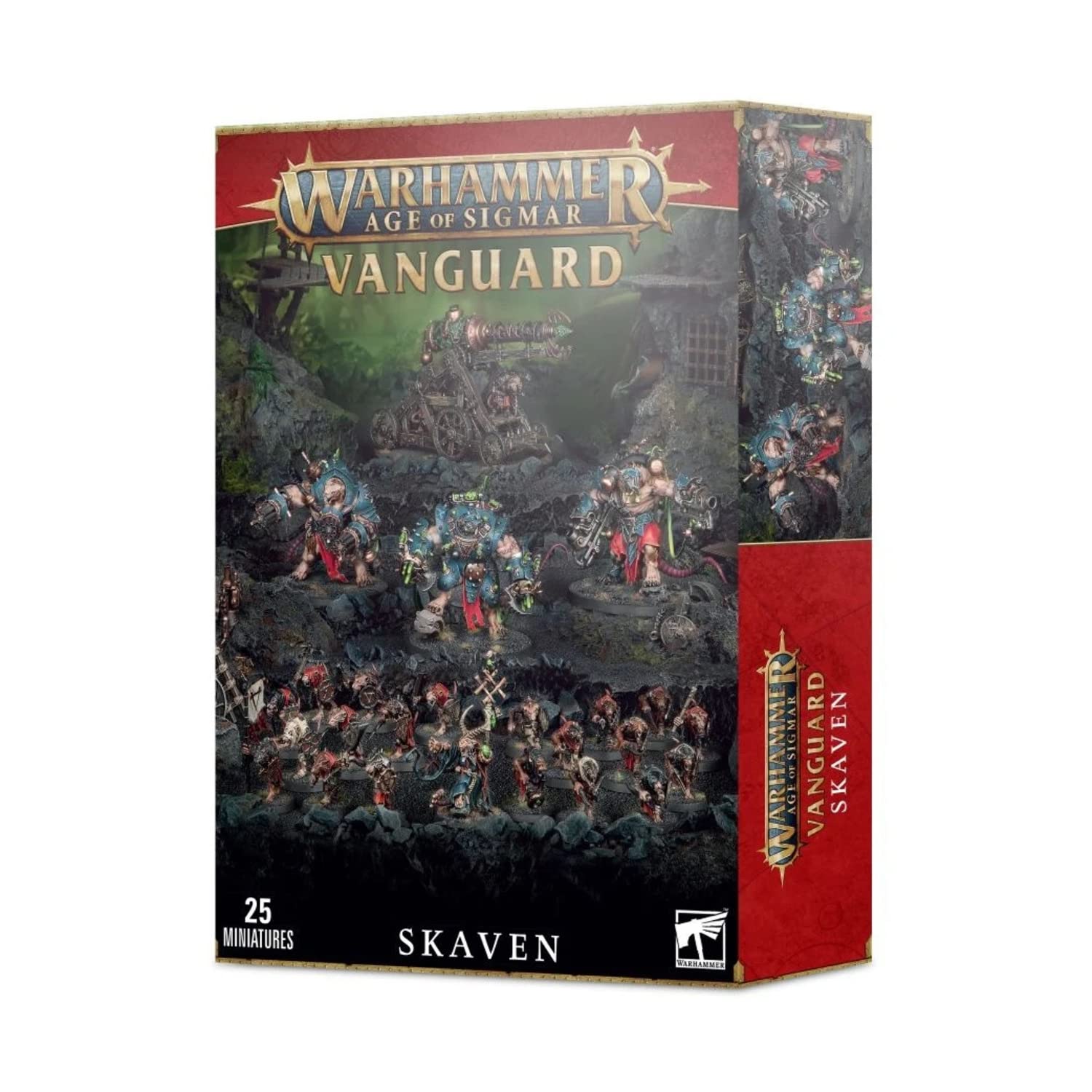 Warhammer Age of Sigmar - Skaven - Vanguard - Warhammer Age of Sigmar Skaven Vanguard box with rat-like warriors in dark armor carrying weapons on a swampy battlefield.