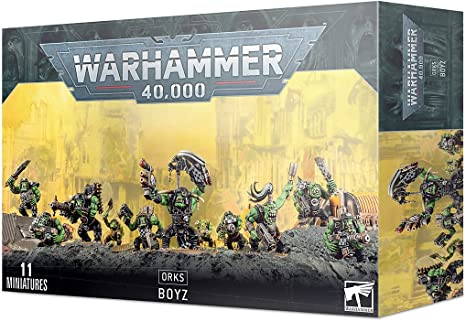 Warhammer 40,000 - Orks - Boyz - Warhammer 40,000 Orks Boyz box set featuring 11 detailed green-skinned Ork miniatures in fierce battle poses.
