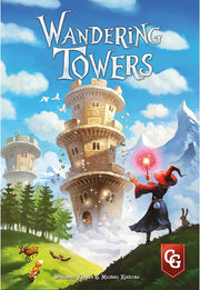 Wandering Towers - Board game box art featuring towering medieval stone towers with detailed battlements, a wizard in a dark cloak holding a.