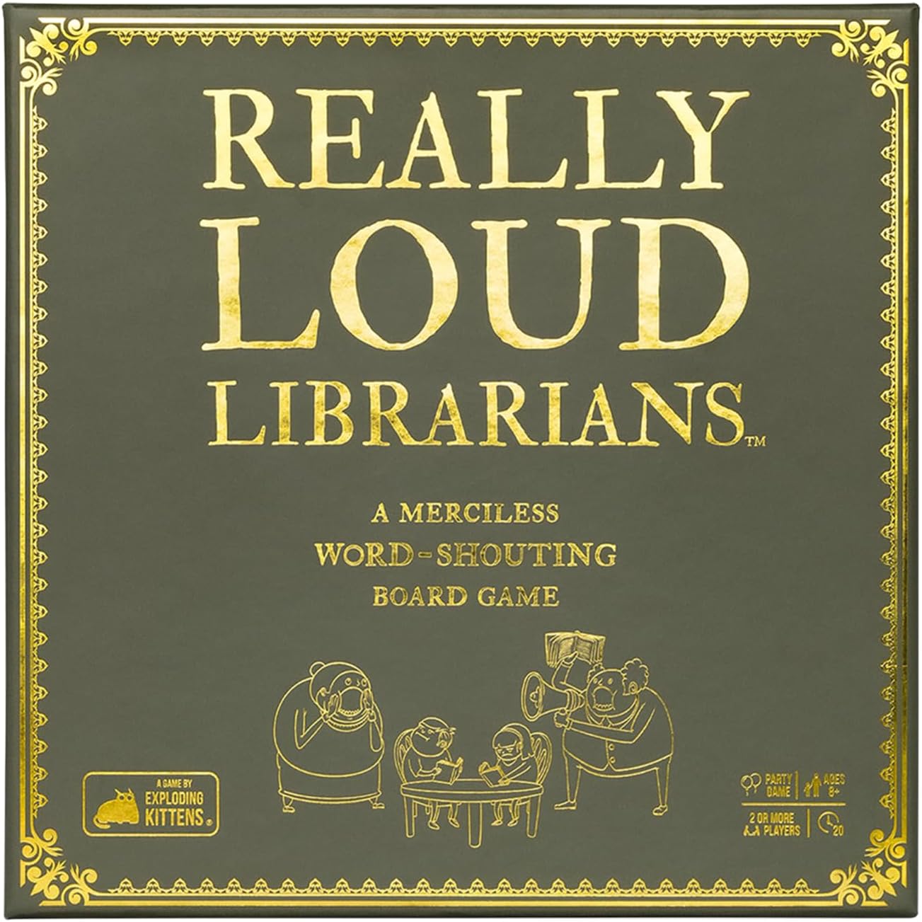 Really Loud Librarians - Square board game box with dark olive background, gold lettering "Really Loud Librarians," and cartoon librarians shouting.