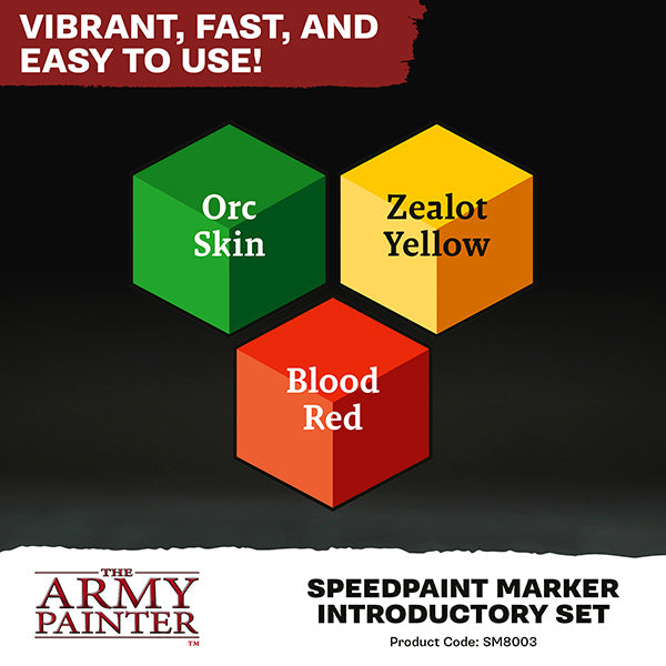 Speedpaint Markers: Introductory Set - Three hexagonal color swatches labeled Orc Skin green, Zealot Yellow, and Blood Red on black background with bold text.
