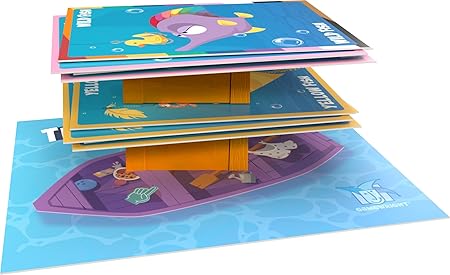 Throw Fish - Colorful cardboard game components featuring a purple fish and yellow fins stacked on blue and pink game boards with a water
