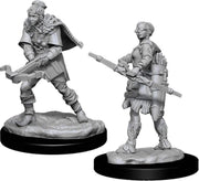 D&D Nolzur's Marvelous Miniatures: Female Human Ranger - Gray unpainted resin miniature of a female human ranger wielding a bow with quiver and detailed clothing on a round base.
