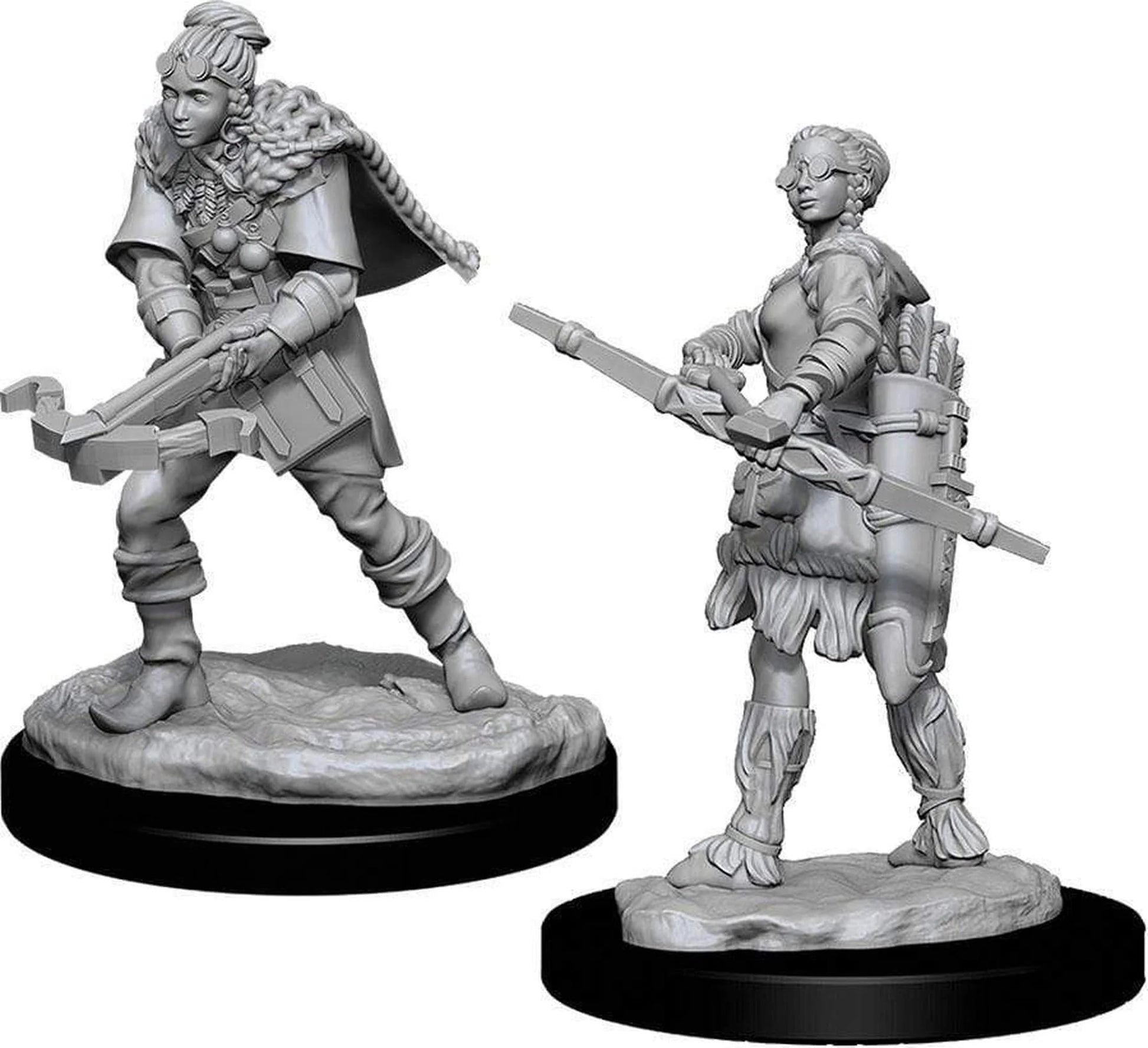 D&D Nolzur's Marvelous Miniatures: Female Human Ranger - Gray unpainted resin miniature of a female human ranger wielding a bow with quiver and detailed clothing on a round base.