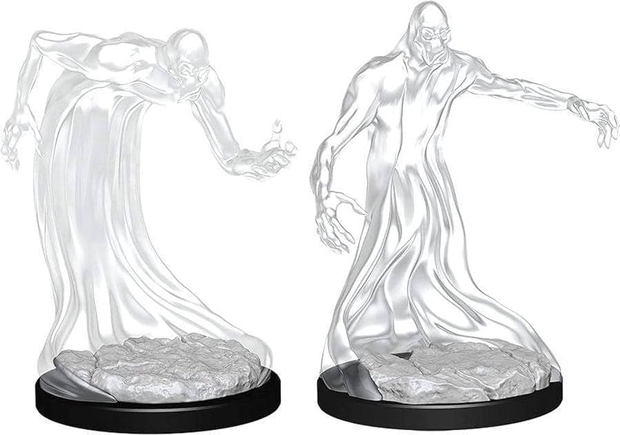 D&D Nolzur's Marvelous Miniatures: Shadow - Two translucent gray plastic miniatures of shadowy humanoid figures with tattered lower bodies, posed with outstretched.