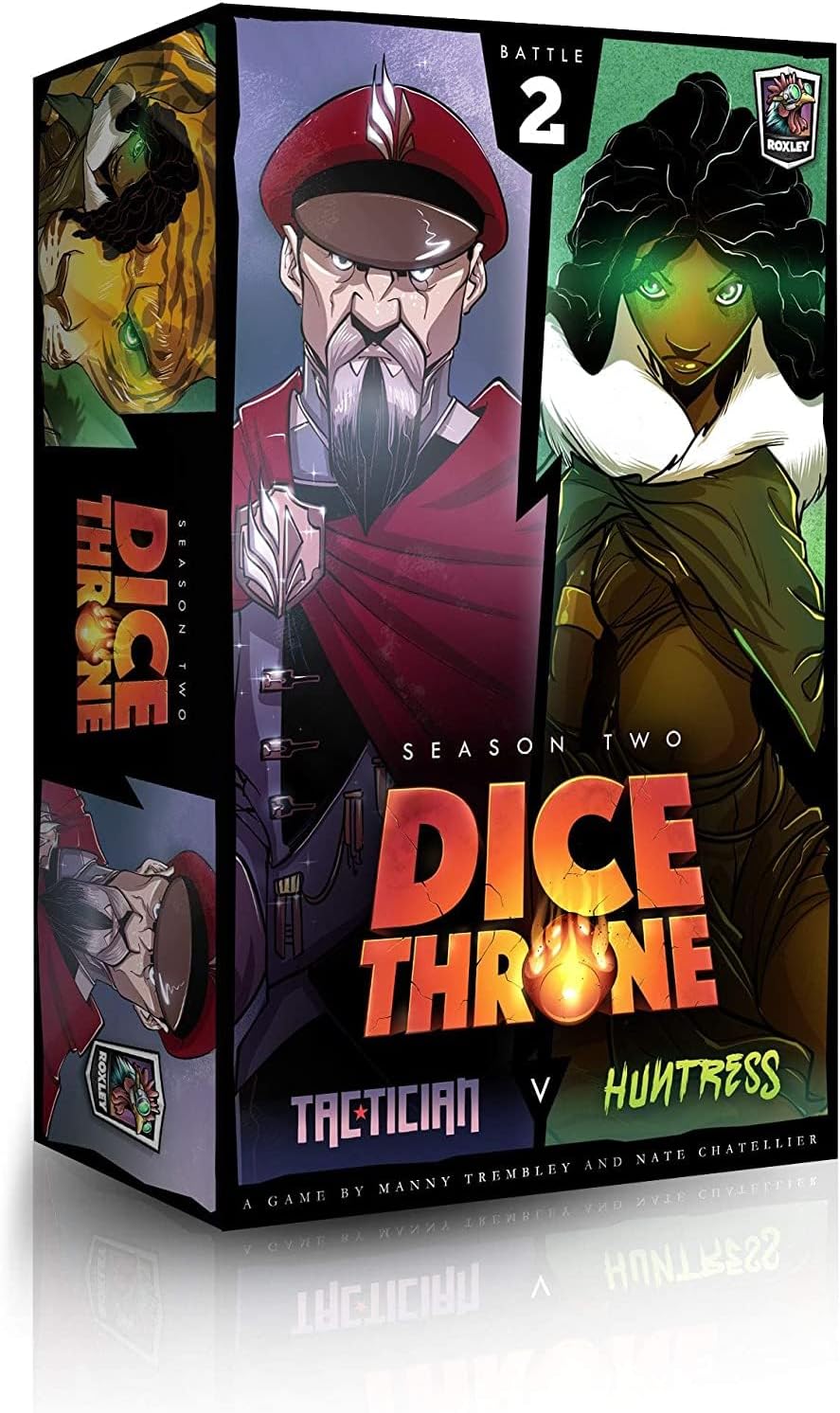 Dice Throne: Season Two - Huntress Vs Tactician - Colorful rectangular board game box featuring illustrated characters—a stern man in a uniform with glasses and a red hat on.