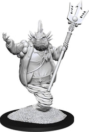 D&D Nolzur's Marvelous Minis: Marid - Gray plastic miniature of a muscular genie with tentacle-like beard, horned head, and holding a trident, standing on.