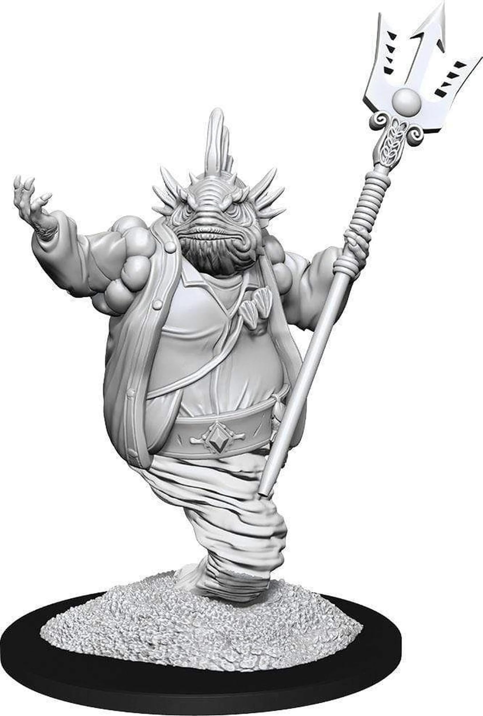 D&D Nolzur's Marvelous Minis: Marid - Gray plastic miniature of a muscular genie with tentacle-like beard, horned head, and holding a trident, standing on.