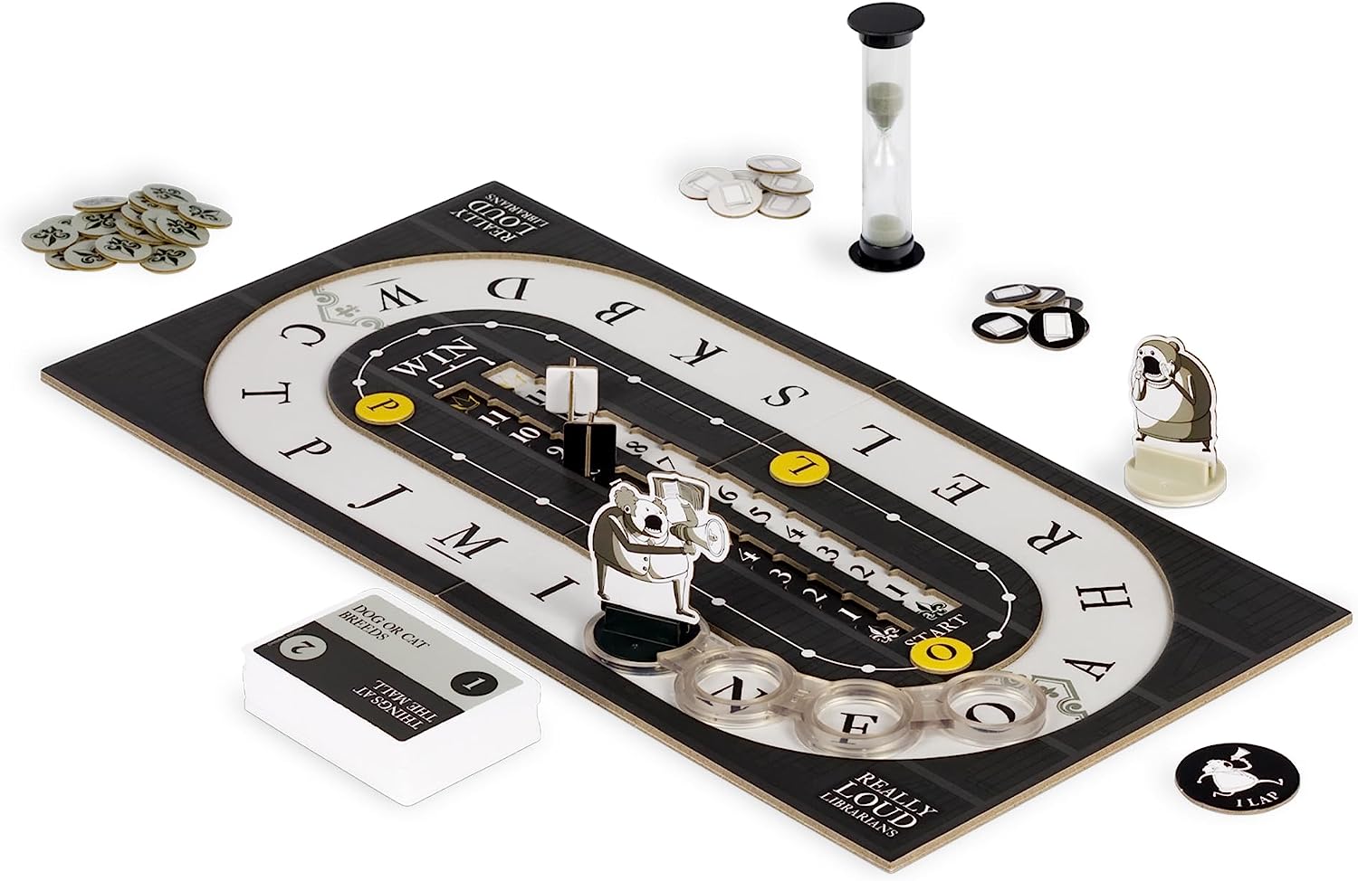 Really Loud Librarians - Black and white game board with alphabet letters, timer, cards, and small tokens for Really Loud Librarians party game.