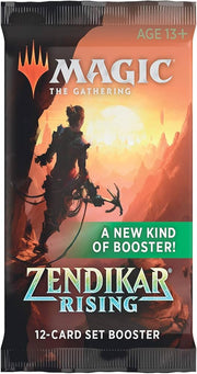 Magic: The Gathering - Zendikar Rising Set Booster Pack - The Gathering Zendikar Rising Set Booster pack with orange and green gradient, silhouette of an adventurer holding a bow,.
