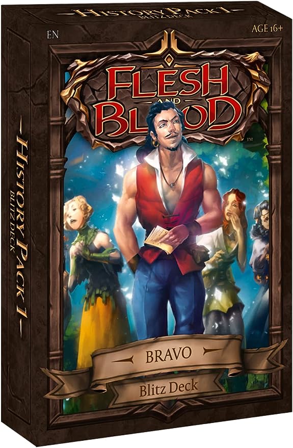 Flesh and Blood - History Pack 1 - Blitz Decks - Dark brown box featuring a muscular man in a red vest and three fantasy characters, labeled Flesh and Blood Bravo Blitz Deck.