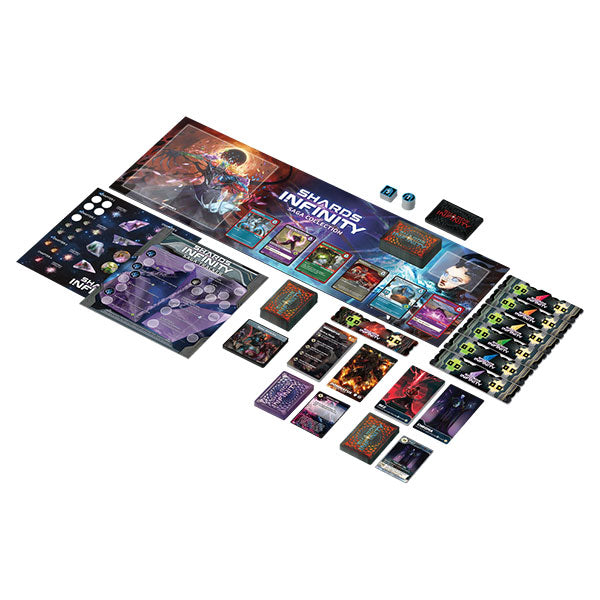 Shards of Infinity: Saga Collection (PREORDER) - Board game setup featuring a large colorful playmat with sci-fi artwork, multiple decks of cards with vibrant illustrations,