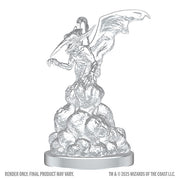 D&D Nolzur's Marvelous Miniatures: Ice Mephit & Dust Mephit (PREORDER) - Unpainted gray plastic miniature of a winged, horned creature standing on a rocky base with outstretched arms and detailed.