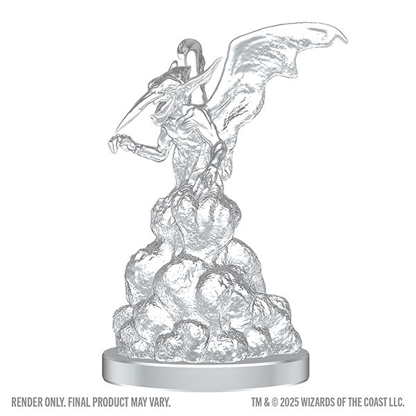 D&D Nolzur's Marvelous Miniatures: Ice Mephit & Dust Mephit (PREORDER) - Unpainted gray plastic miniature of a winged, horned creature standing on a rocky base with outstretched arms and detailed.
