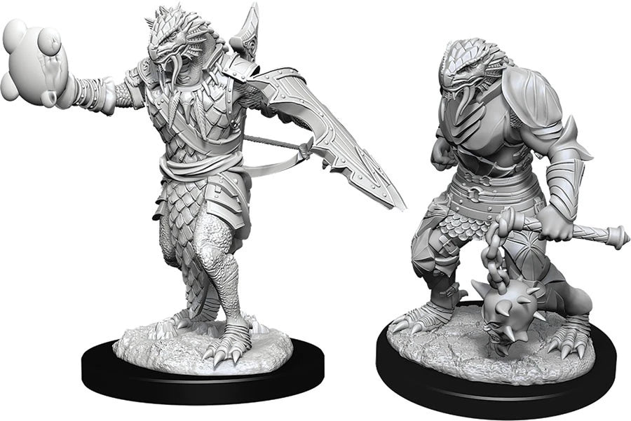 D&D Nolzur's Marvelous Miniatures: Male Dragonborn Paladin - One male Dragonborn paladin with scaled armor and spiked mace, the other armored warrior with large spiked club.