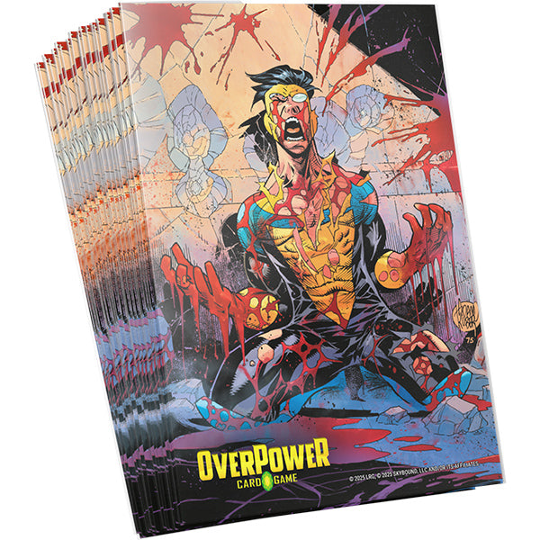 OverPower CCG Sleeves: Invincible - Invincible (PREORDER) - Card sleeves featuring a muscular comic book character with yellow and black costume, red claws, and an intense expression.