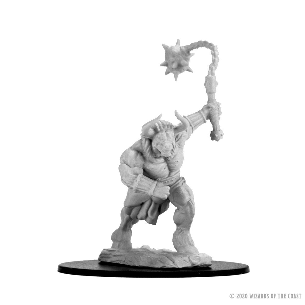 D&D Nolzur's Marvelous Miniatures: Minotaur - Unpainted gray plastic miniature of a muscular minotaur holding a spiked flail above its head on a round base.