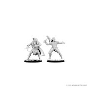 D&D Nolzur's Marvelous Miniatures: Human Female Ranger - Unpainted white plastic miniatures of a female ranger aiming a bow and a male warrior wielding an axe, both on round bases.